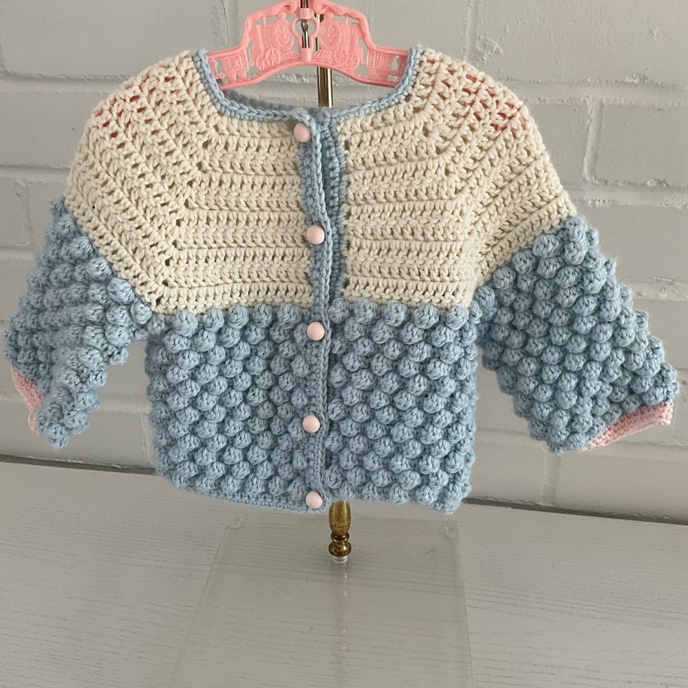 Handmade Size 3-6M Crochet Baby Cardigan Sweater Cream/Light Blue/Light Pink